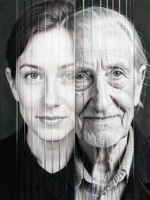 Young and old face superimposed in lenticular interleave, vertical stripe ghosti