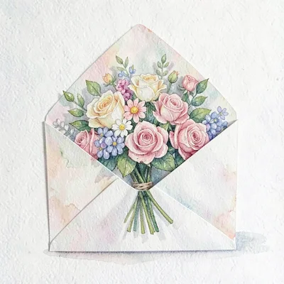Papercraft of a folded paper envelope opened to reveal a layered flower bouquet 