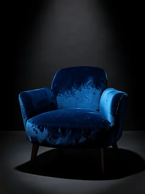 Blue velvet chair in spotlight, singular luxury, furniture portrait