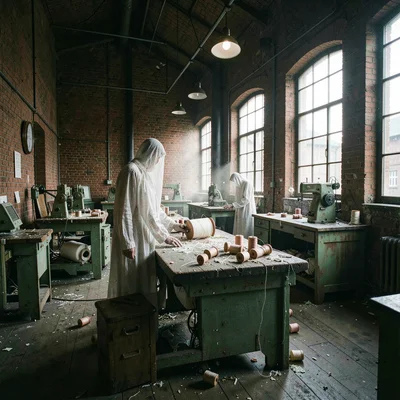 Textile factory ghosts in industrial Łódź, thread spools scattered across abando