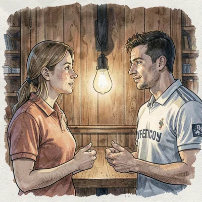 Sigrid-lampline portrait of a coach and a player in conversation at a wood-panel