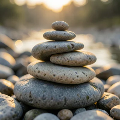 Stack of smooth river pebbles, grey and beige tones, zen minimalist