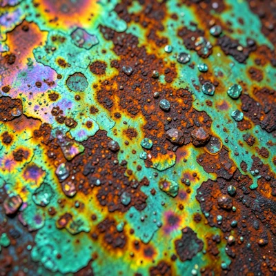 Steel with heat-treated rainbow temper colors, iridescent surface, macro