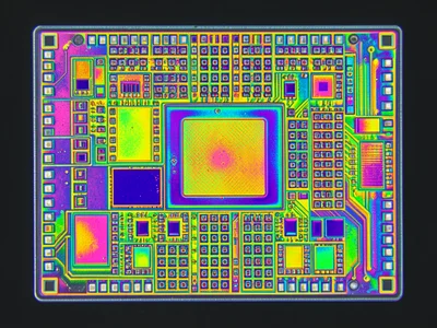 Processor die at 100x magnification, different functional blocks visible as colo