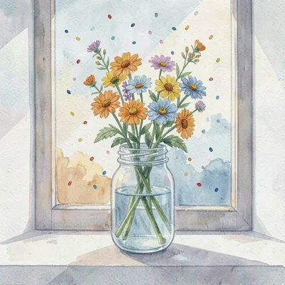 Suki gouache print of a small bouquet of wildflowers in a glass jar on a windows