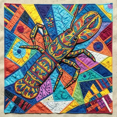 Panamanian mola textile illustration, a lobster with intricate shell layer patte