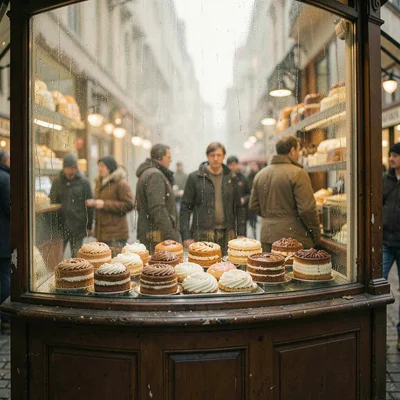 Humid atmospheric scene, Central European grandeur, Pastry shop window display s