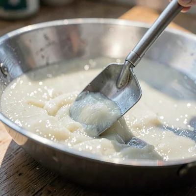 Close-up of a paddle scoop arcing through a fresh pan, raking sidelight