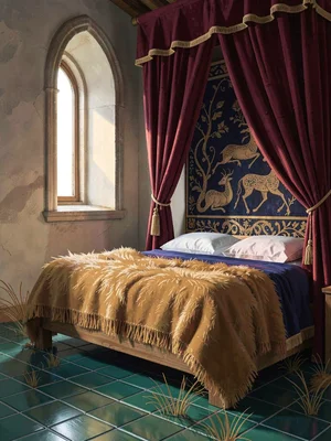 Tapestry-hung knight's bedchamber at first light with one narrow lancet window, 