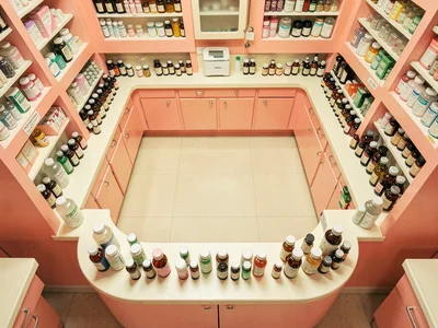 Pharmacy counter with perfectly aligned pill bottles, coral and cream color sche