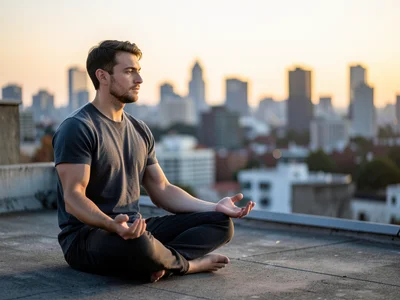 Person meditating cross-legged on a rooftop at dawn, city skyline in the backgro