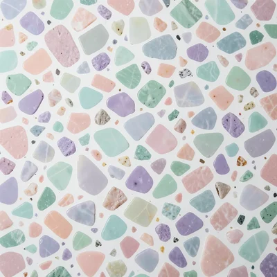 Pastel terrazzo: pale pink, mint green, and lavender stone chips in white matrix