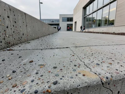 Concrete and glass school facade, modernist architecture, morning activity
