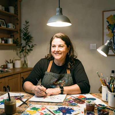Warm lamp-line portrait of a teaching artist at a paint-stained worktable, singl