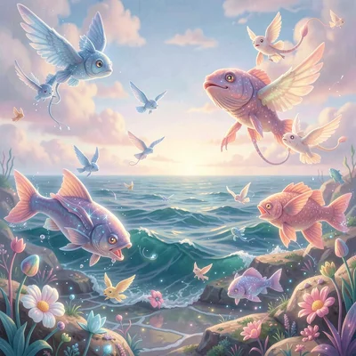 Neural network style illustration, ocean with dream creatures , diffusion model 
