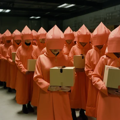 Film still occult portrait of amazon delivery workers