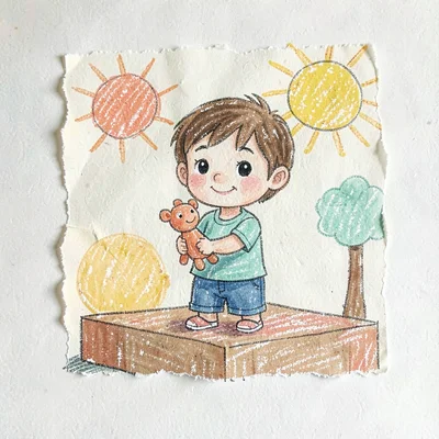 Child holding a hand puppet at a small cardboard stage, kid-friendly afternoon s