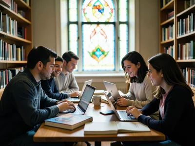 Students collaborating around a library table with laptops and textbooks, staine