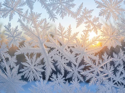 A complete window pane covered in thick frost, the morning sun creating a warm g