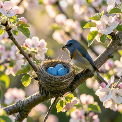 A nest of blue robin eggs tucked into the crook of a blossoming apple tree branc
