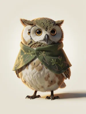 Plump owl-spirit standing on tiny taloned feet with tiny embroidered cloak drape