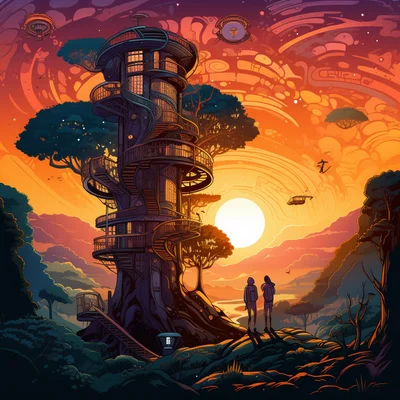 Multi-level treehouse comic-style rocket launches at
