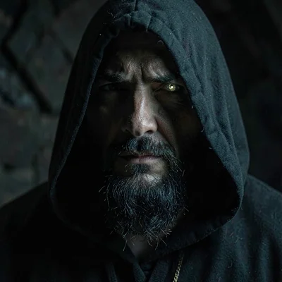 Cinematic narrative portrait of a hooded thieves' guild leader in shadow with on