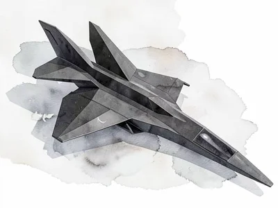 Smooth obsidian lowpoly stealth jet with sharply angled faceted wings and a slee