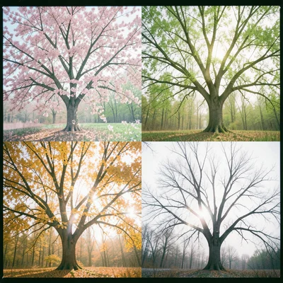 A tree in four seasons double-exposed in quadrants: spring blossoms, summer gree