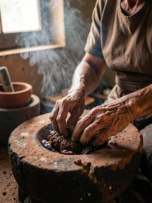 Elder Hands Working Mole Paste on Metate