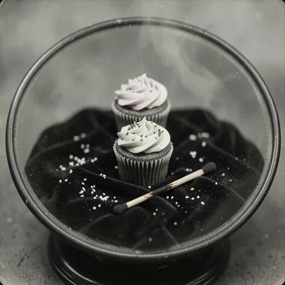 Three cupcakes with different colored frosting arranged in a triangle on black v