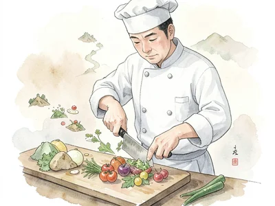 Chef chopping vegetables, each ingredient releasing tiny landscape when cut
