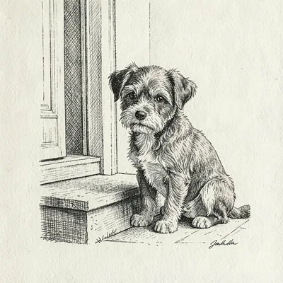 Pen-and-ink illustration of a small dog waiting on a porch step, fine hatching,