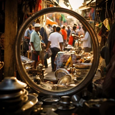 Photo In a busy market a mirror reflects only the goo