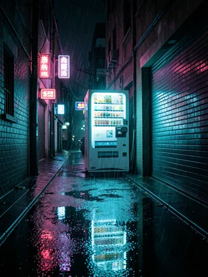 A single vending machine glowing blue-white in a dark residential alley, rain st