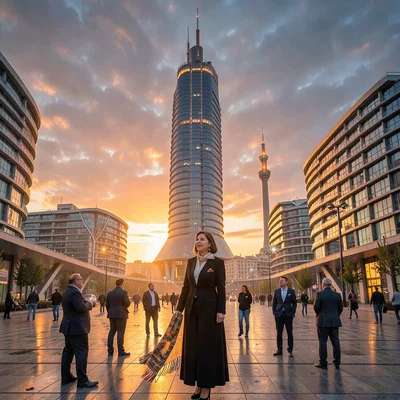 Oil-baron nouveau meeting Flame Tower modernity in windy Baku, wind-swept plaza 