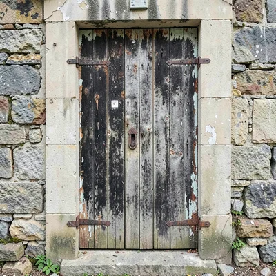 A weathered wooden door centered in limestone wall, iron hinges and peeling pain