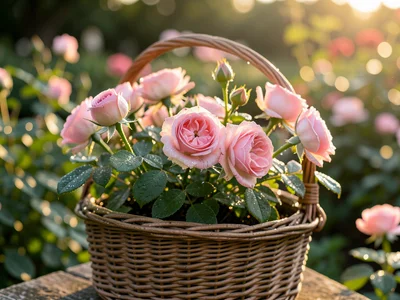 Garden roses in wicker basket, freshly cut, dew drops, morning