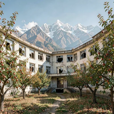 Tian Shan mountains behind Soviet Almaty, abandoned Soviet sanatorium with broke