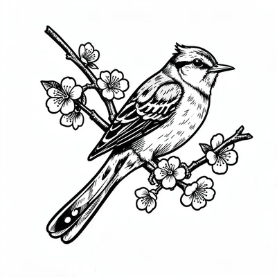 Traditional tattoo flash illustration, Sparrow carrying cherry blossom branch , 