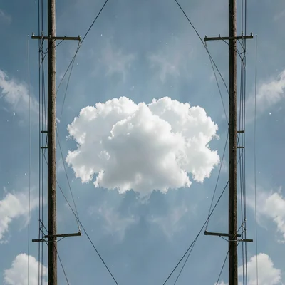 Two telephone poles framing a single cloud, the universe cooperating