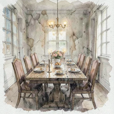 atmospheric watercolor of a long communal dining table set for a feast, soft war