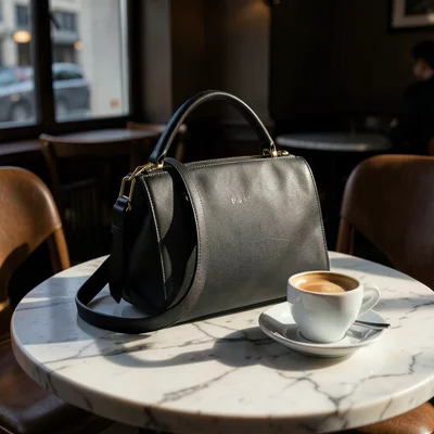 Leather handbag on a marble cafe table next to an espresso, afternoon light