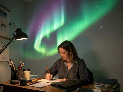 Creativity — person at desk with personal aurora borealis swirling above their h