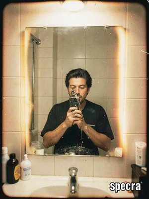 Self-portrait in a bathroom mirror where the photographer is already fading at t