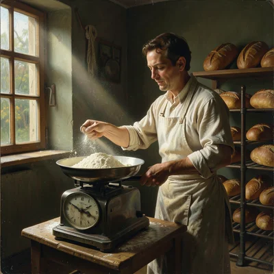 A baker weighing flour on an old scale, a dusting of flour catching the light be