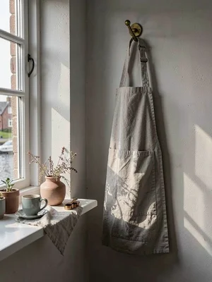 Comfortable grey harbor light in Gothenburg, Sweden, a linen apron hung on a bra