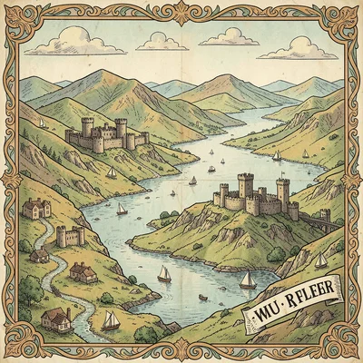 Illustrated map illustration, Scottish highlands with castles and lochs , pictor