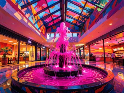 Shopping mall fountain with glowing magenta water, empty food court, sunset thro