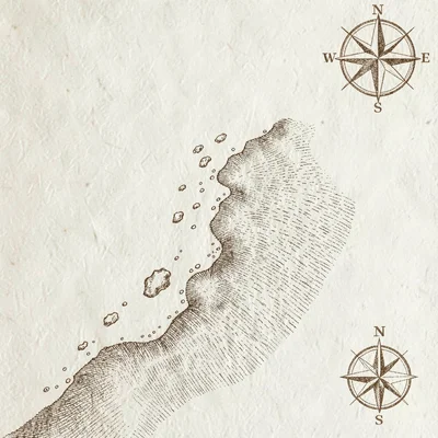 Hand-drawn cartographic study of a coastline with fine hatching for shoals and a
